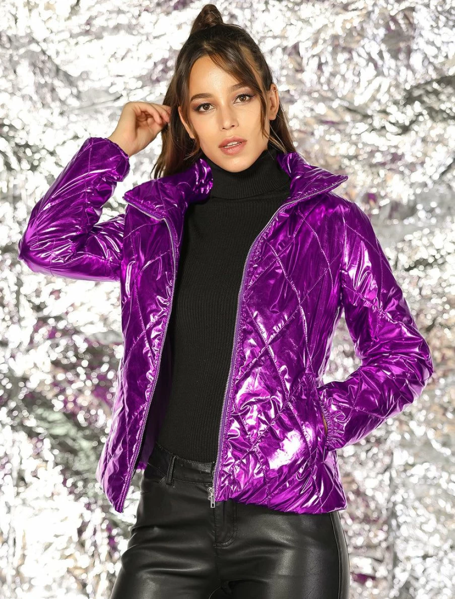 Women's Metallic Holographic Puffer Jacket with Quilted Design and Shiny Zipper