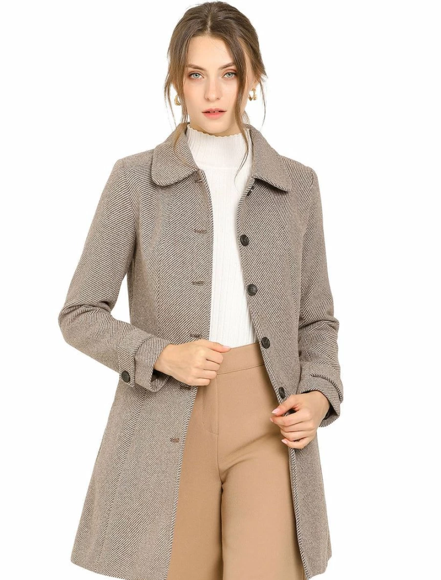 Women's Winter Long Coat with Peter Pan Collar - Single Breasted Overcoat for Cold Weather