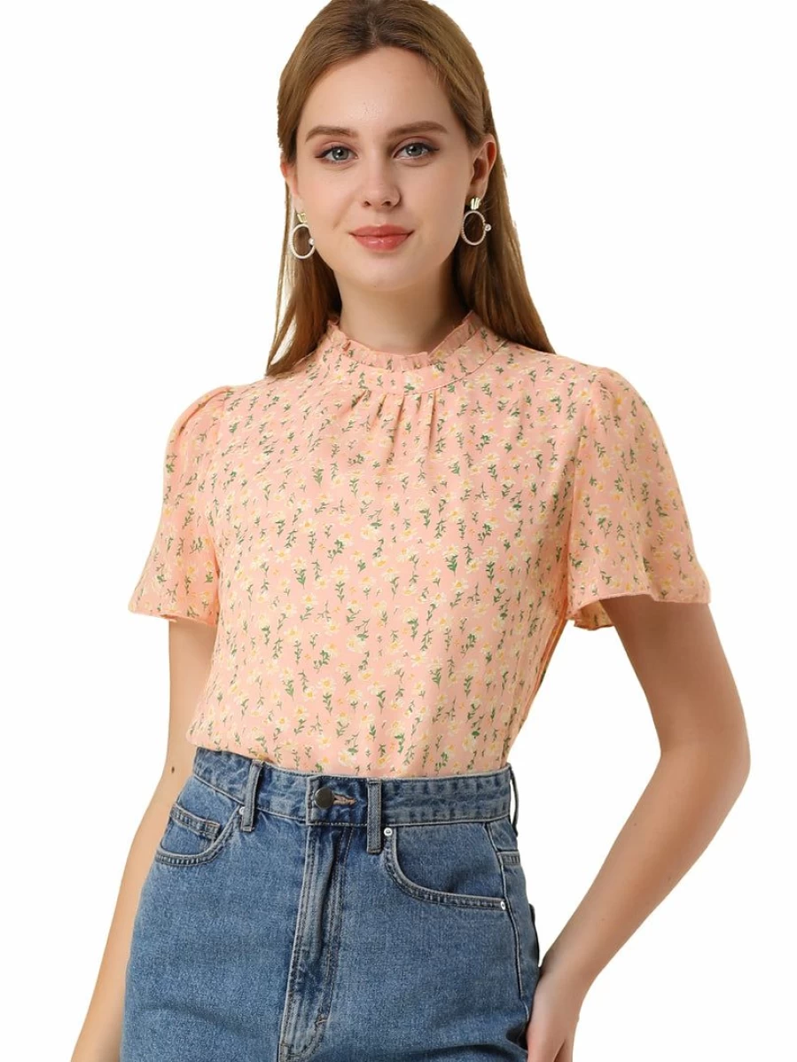 Pink Floral Keyhole Back Ruffle Neck Chiffon Blouse for Women