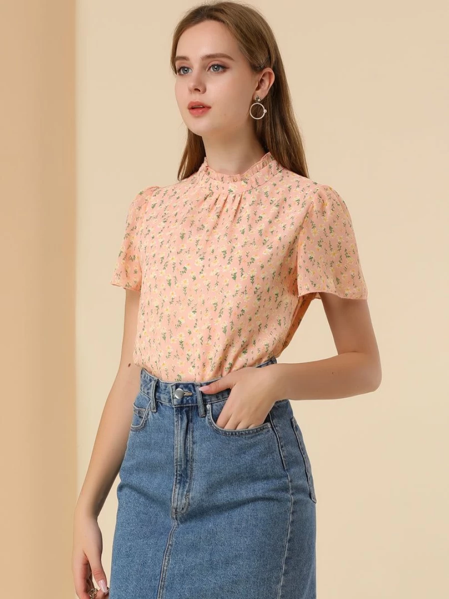Pink Floral Keyhole Back Ruffle Neck Chiffon Blouse for Women