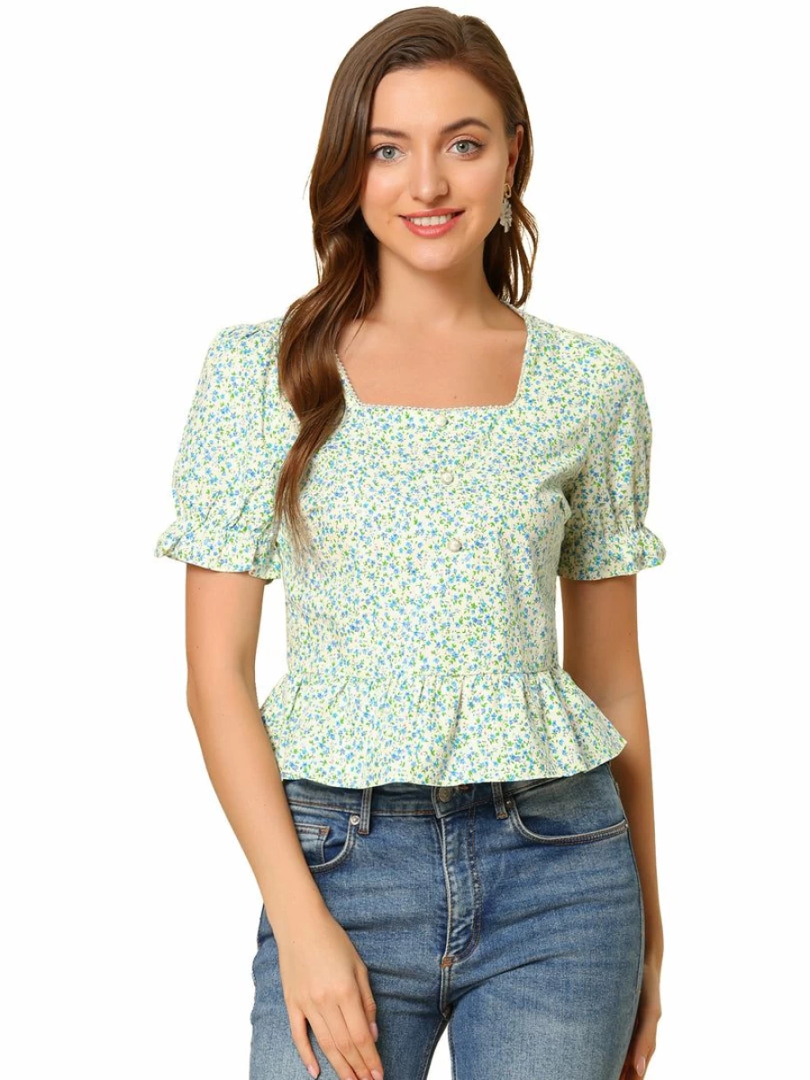 Beige Floral Peplum Blouse for Women - Square Neck Short Sleeve Ruffled Hem Top