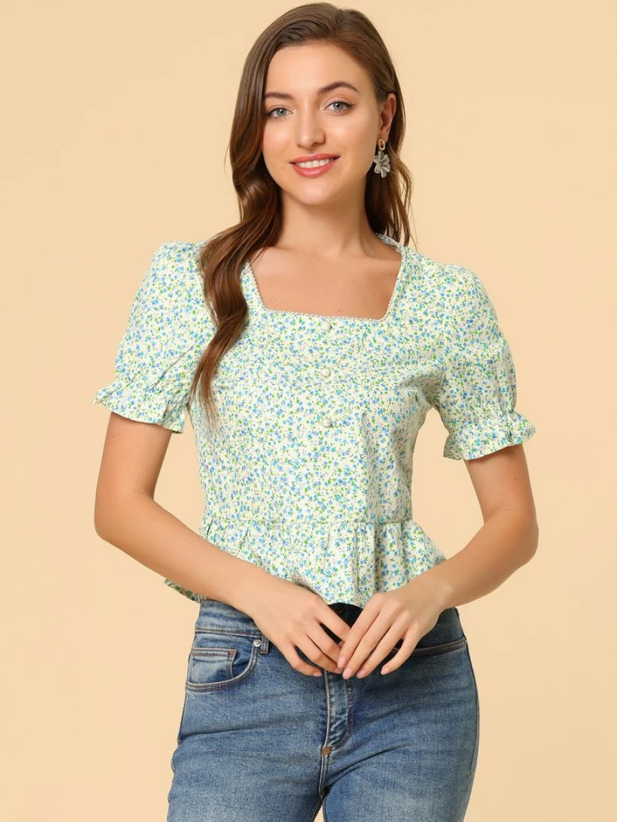 Beige Floral Peplum Blouse for Women - Square Neck Short Sleeve Ruffled Hem Top