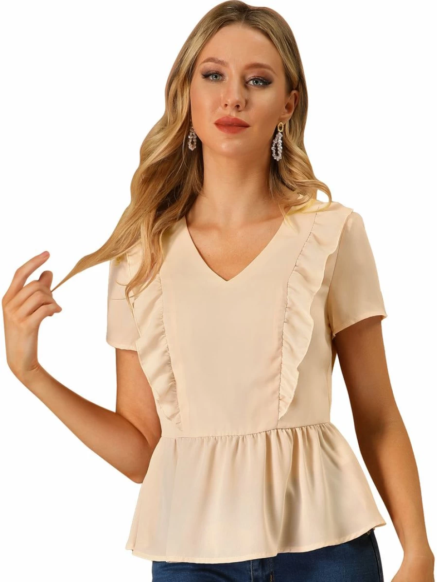 Allegra K Women's Apricot Pleated V-Neck Blouse Summer Casual Peasant Top with Ruffle Decor