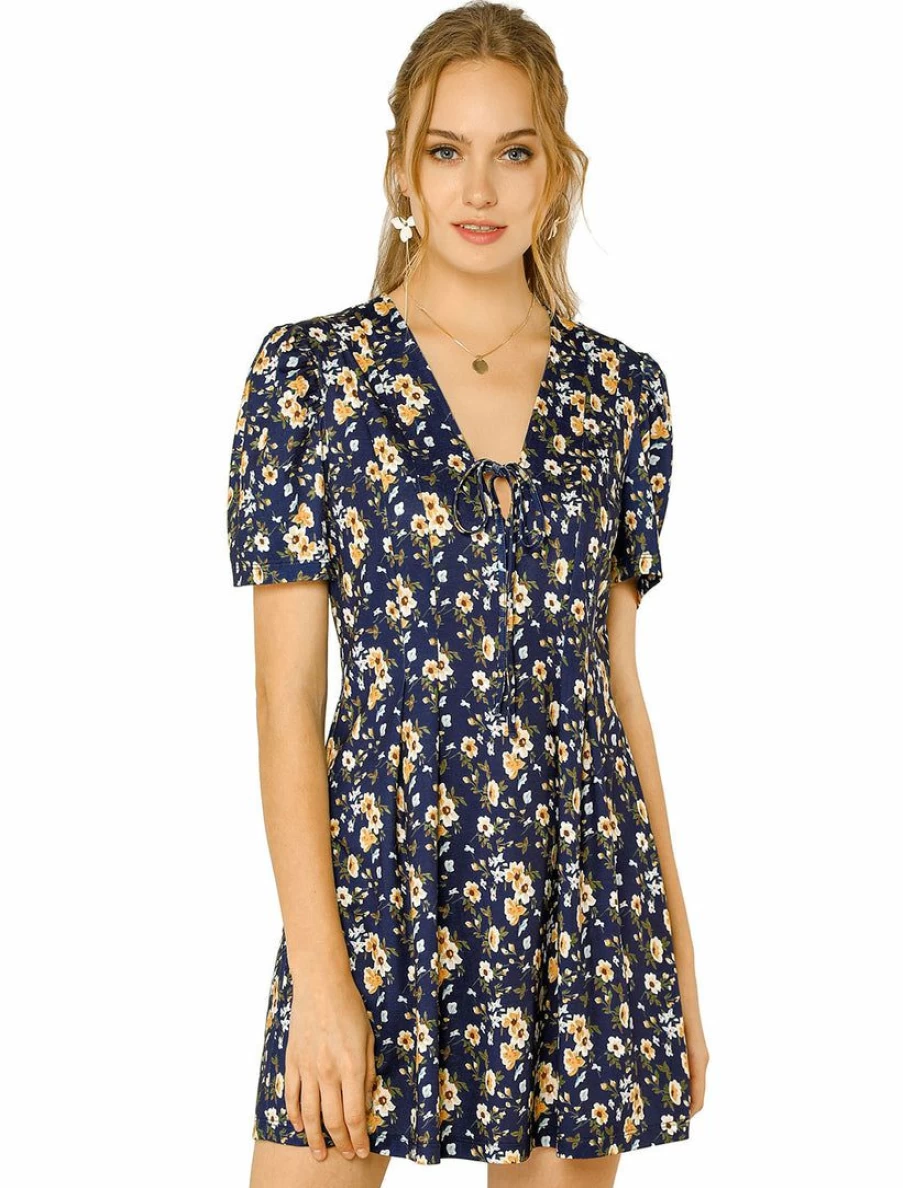 Navy Blue Floral Summer Sundress for Women with V-Neck, Tie Front, and Puff Sleeves