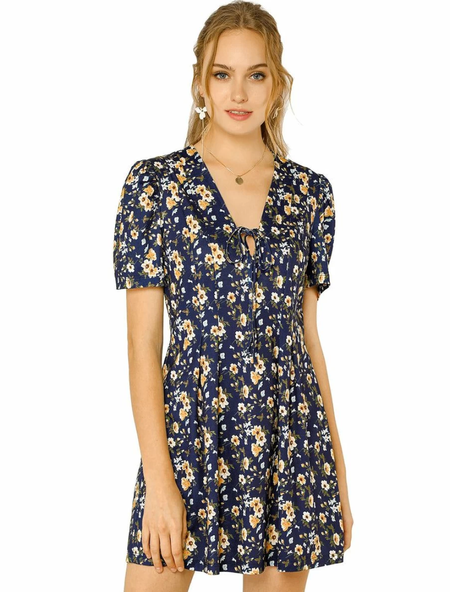 Navy Blue Floral Summer Sundress for Women with V-Neck, Tie Front, and Puff Sleeves