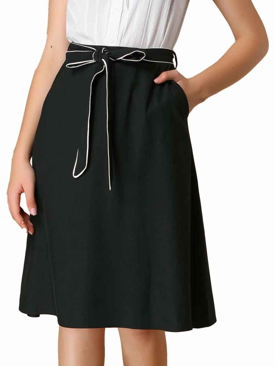 Black Flare A-Line Skirt with Bow Knot and Contrast Belt - Women's Fashion