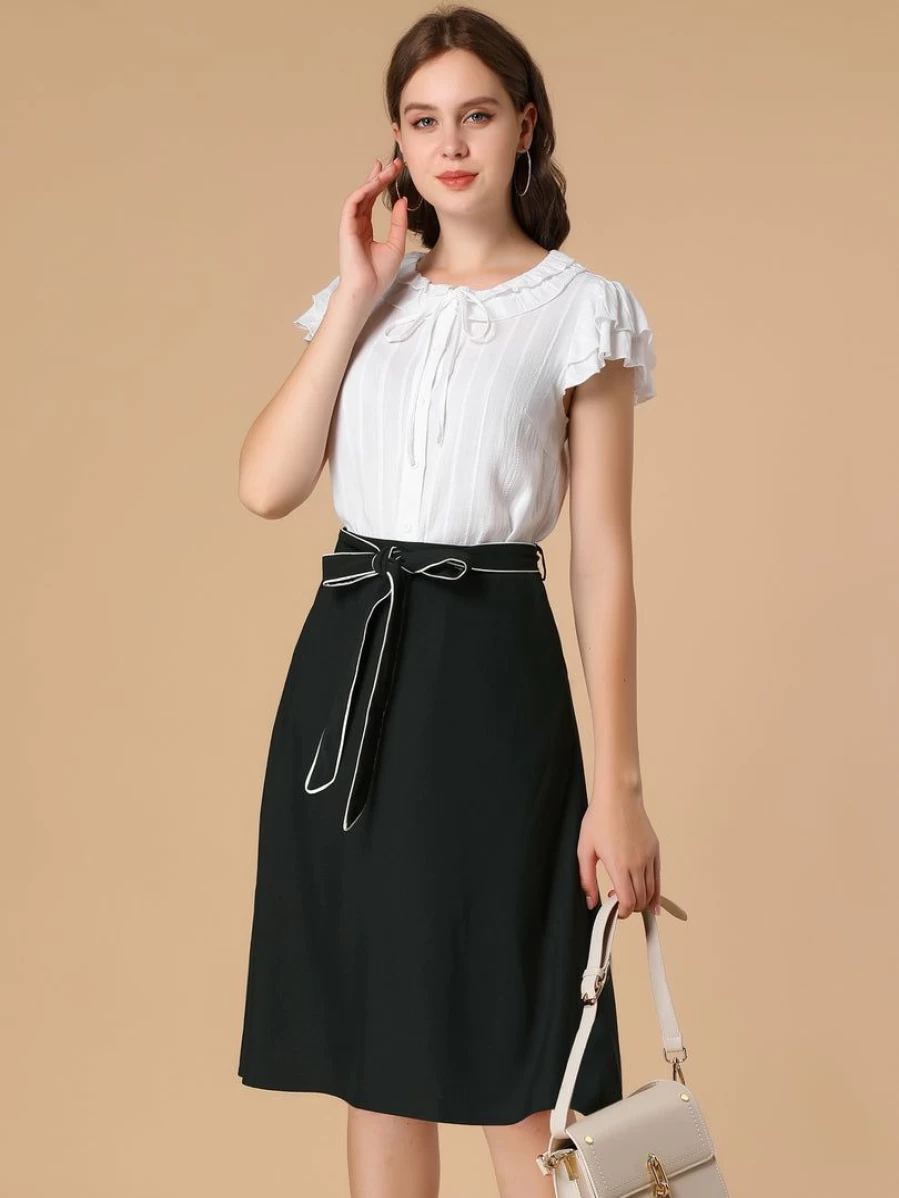 Black Flare A-Line Skirt with Bow Knot and Contrast Belt - Women's Fashion
