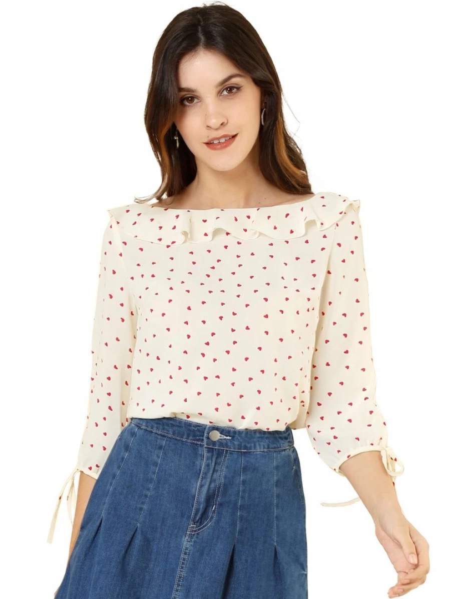 Women's Polka Dot Summer Blouse with Ruffled Neck and Half Sleeves