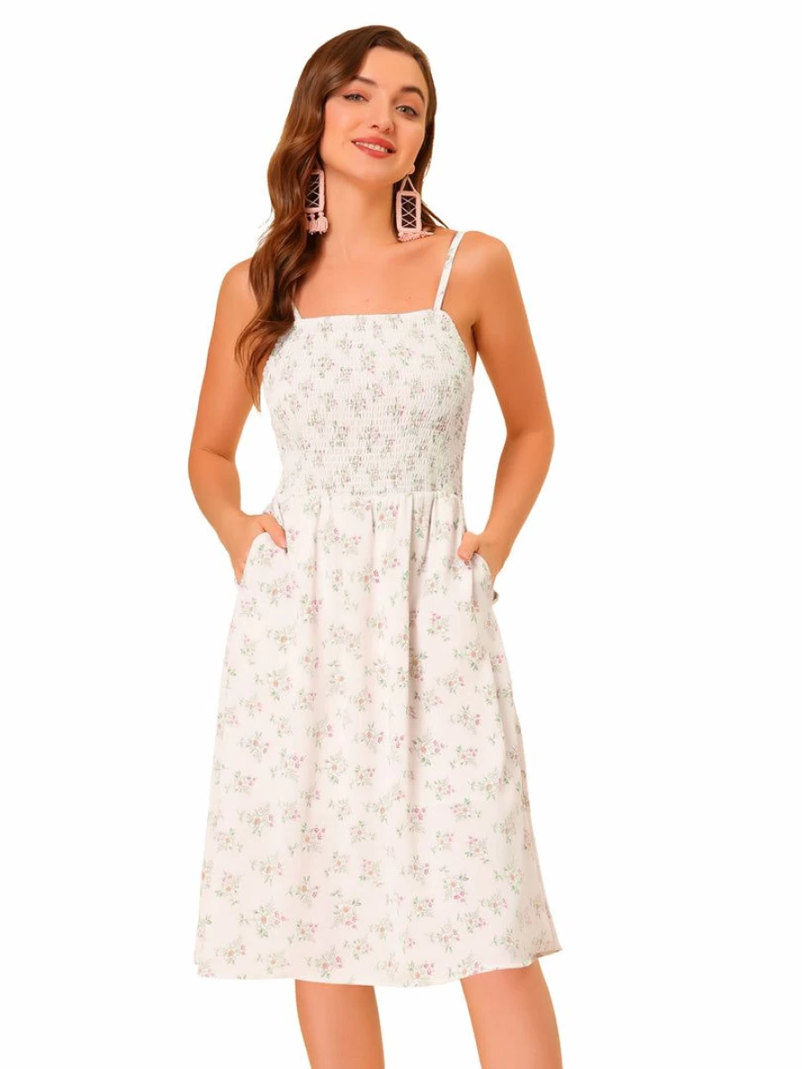 Beige Floral Spaghetti Strap Smocked Dress with Pockets for Women