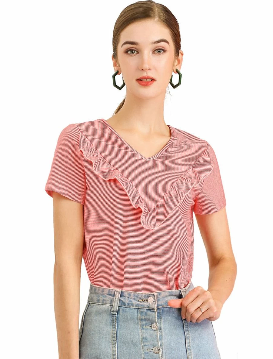 Allegra K Women's Striped Red V-Neck T-Shirt with Ruffle Detail Short Sleeve Casual Top