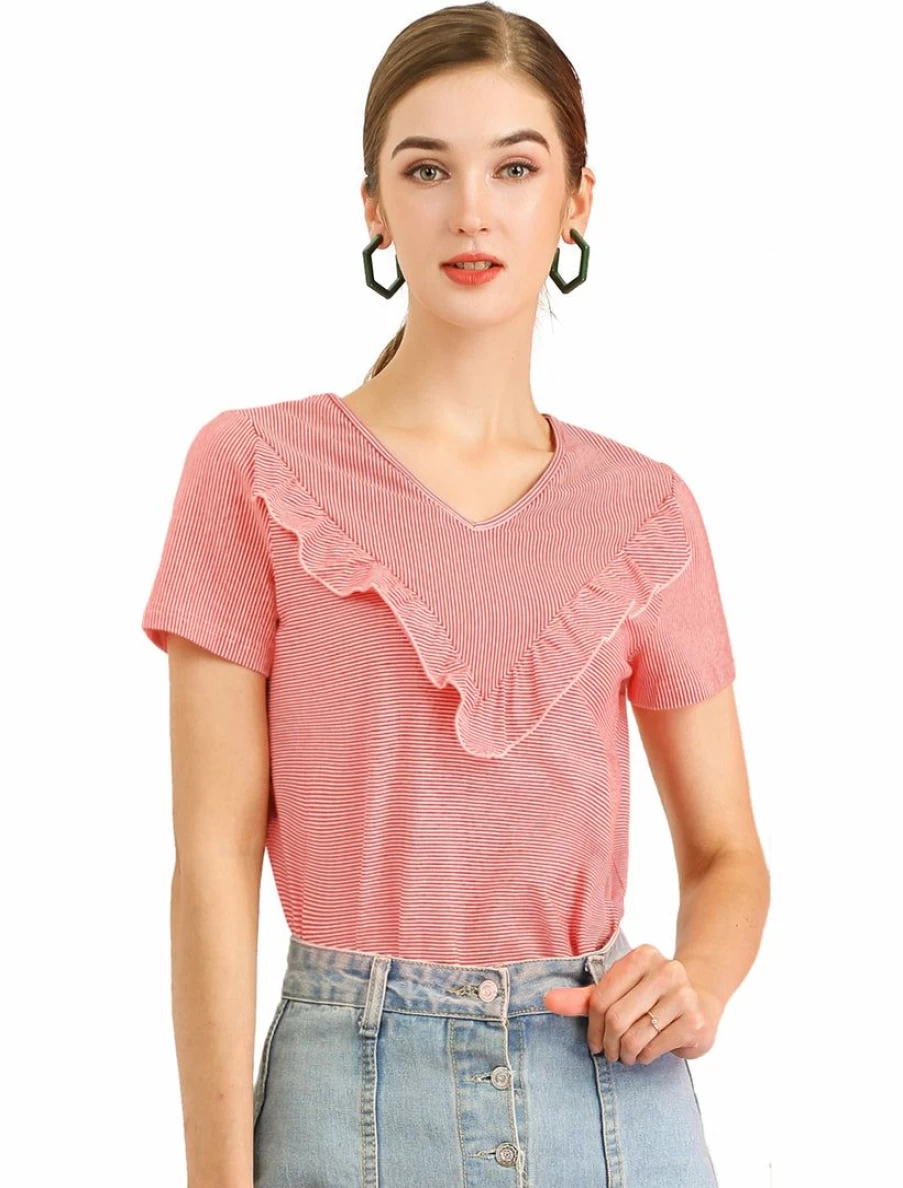Allegra K Women's Striped Red V-Neck T-Shirt with Ruffle Detail Short Sleeve Casual Top