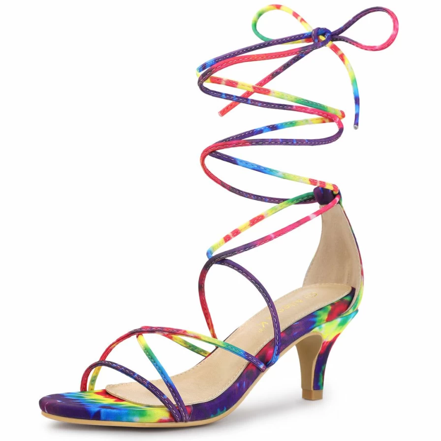 Women's Strappy Tie-Dye Kitten Heel Sandals with Lace-Up Detail