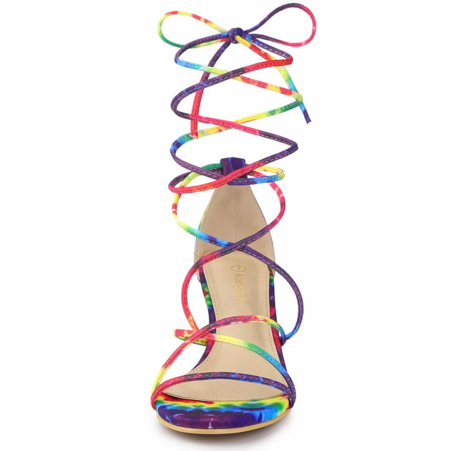 Women's Strappy Tie-Dye Kitten Heel Sandals with Lace-Up Detail
