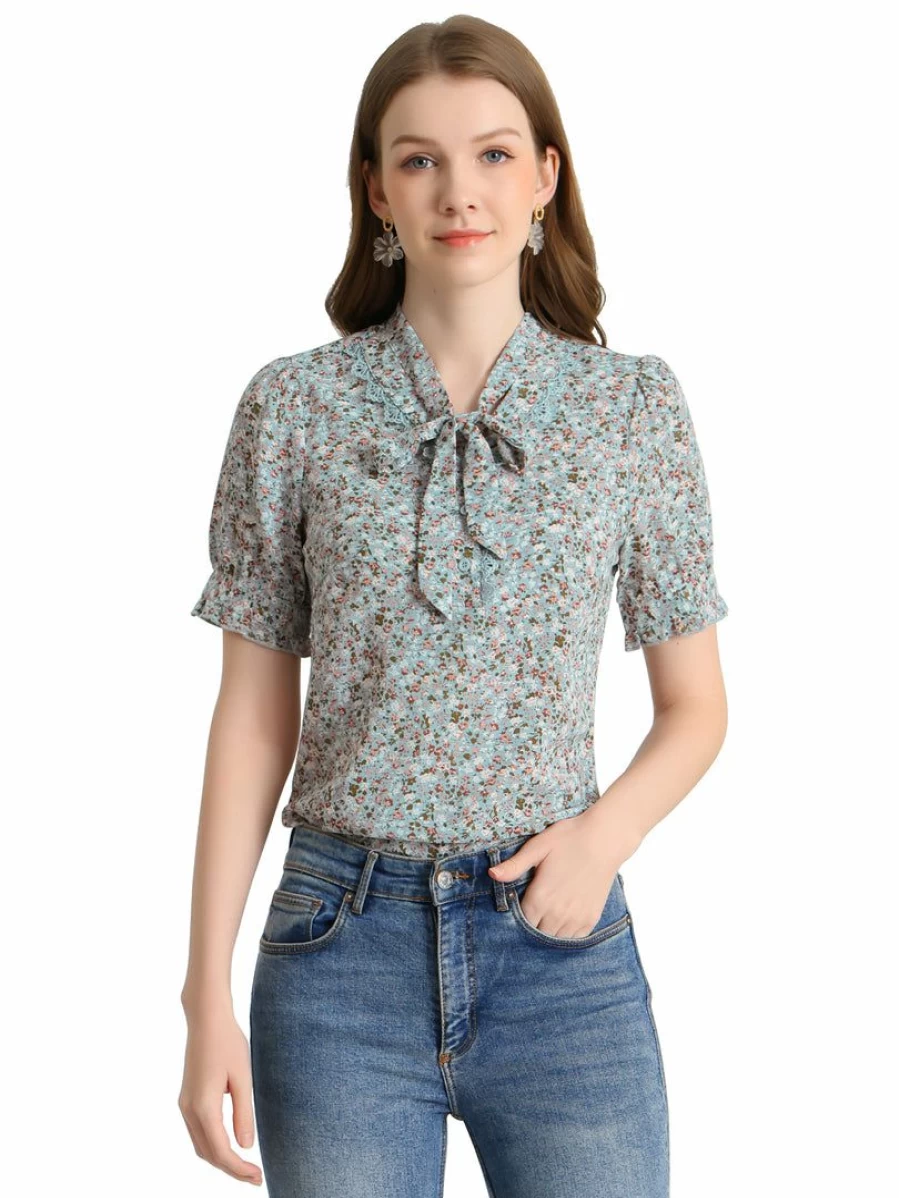 Allegra K Women's Light Blue Floral Blouse with V-Neck, Turn Down Collar, Lace Trim, and Puff Sleeves