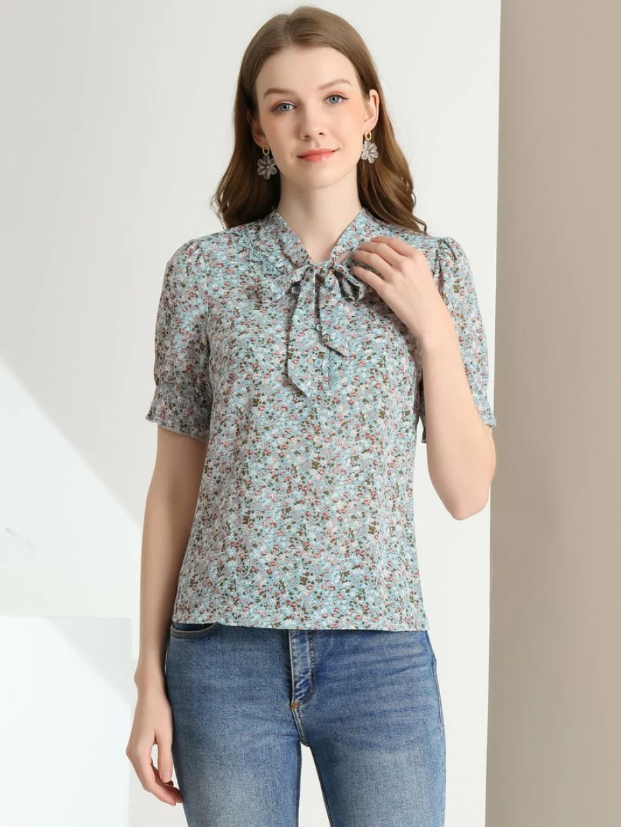 Allegra K Women's Light Blue Floral Blouse with V-Neck, Turn Down Collar, Lace Trim, and Puff Sleeves