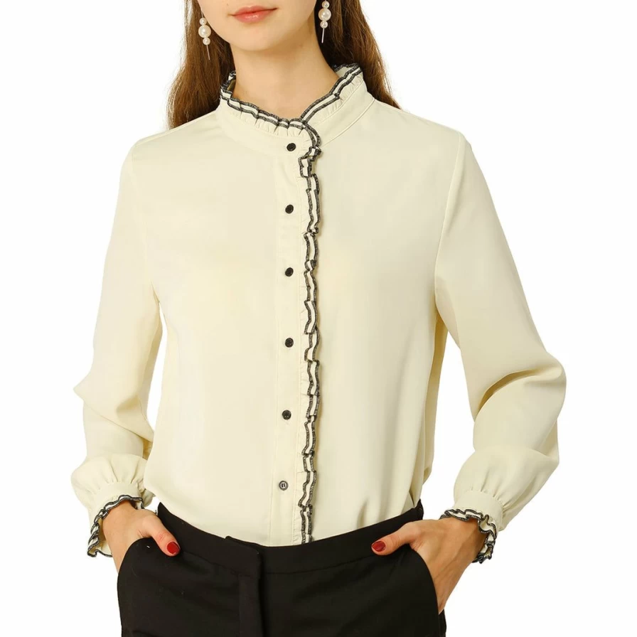 Allegra K Women's Elegant Ruffle Collar Chiffon Blouse Long Sleeve Button Down Shirt for Office Work