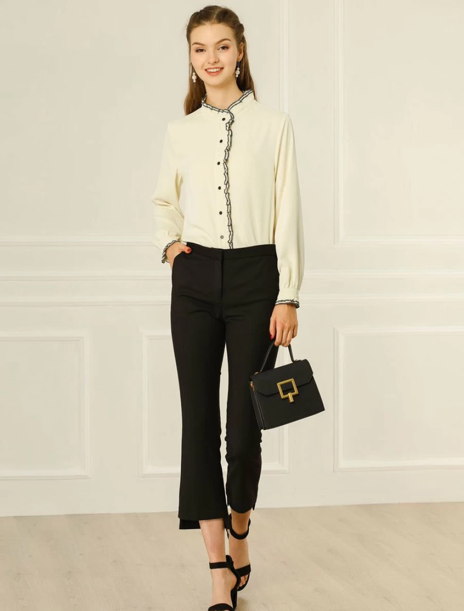 Allegra K Women's Elegant Ruffle Collar Chiffon Blouse Long Sleeve Button Down Shirt for Office Work