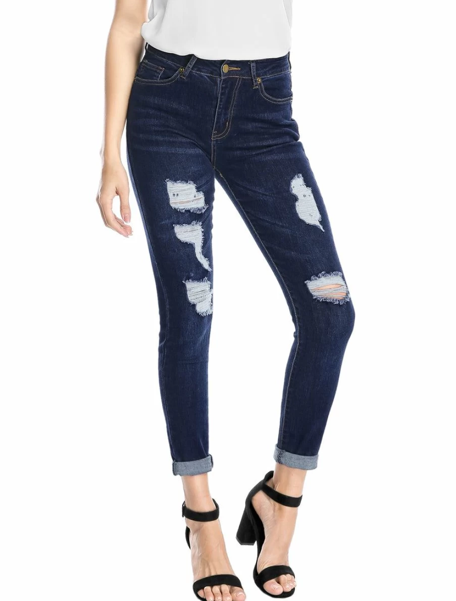 Allegra K Women's Dark Blue Distressed Skinny Jegging Jeans - Mid Rise Ripped Denim
