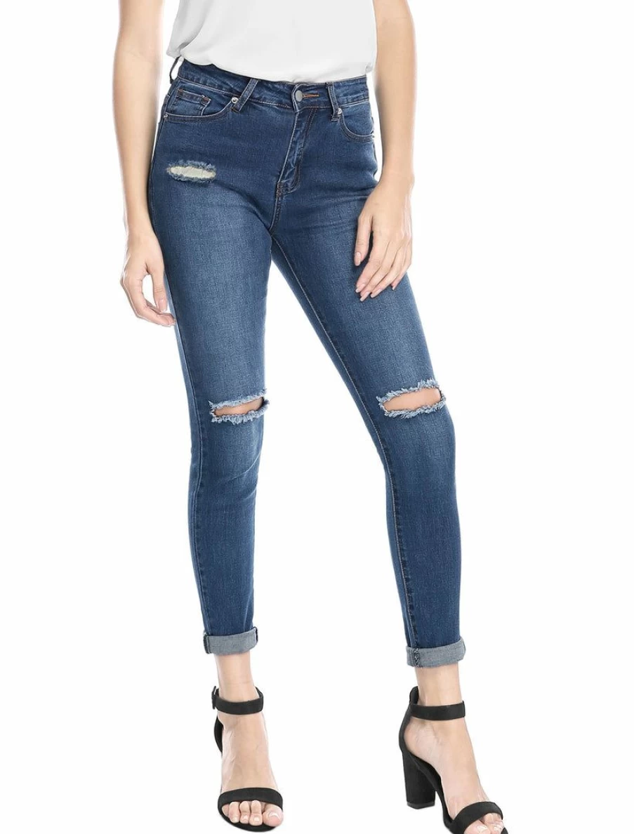 Allegra K Women's Dark Blue Distressed Skinny Jegging Jeans - Mid Rise Ripped Denim