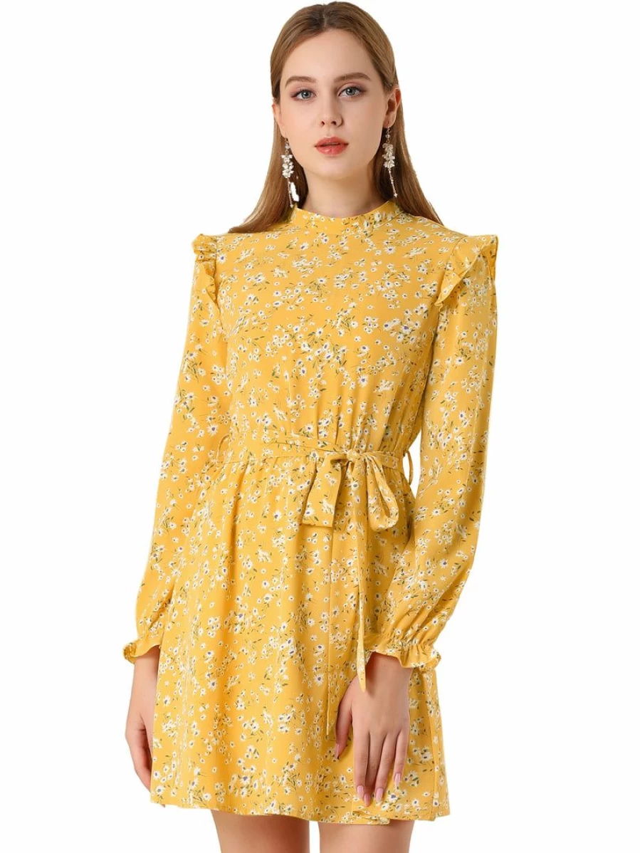 Women's Floral Print Keyhole Back Dress with Ruffle Stand Collar and Elastic Waist