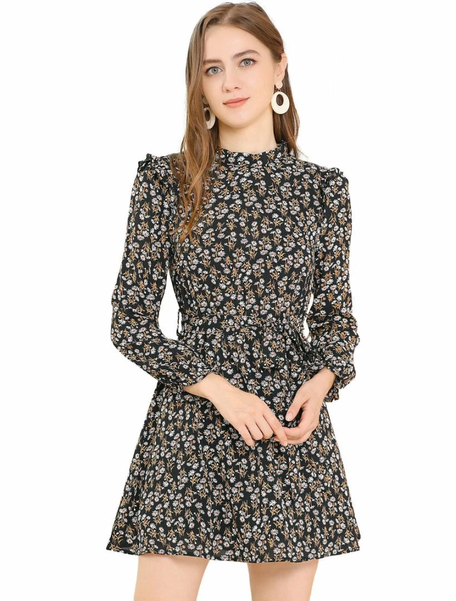 Women's Floral Print Keyhole Back Dress with Ruffle Stand Collar and Elastic Waist