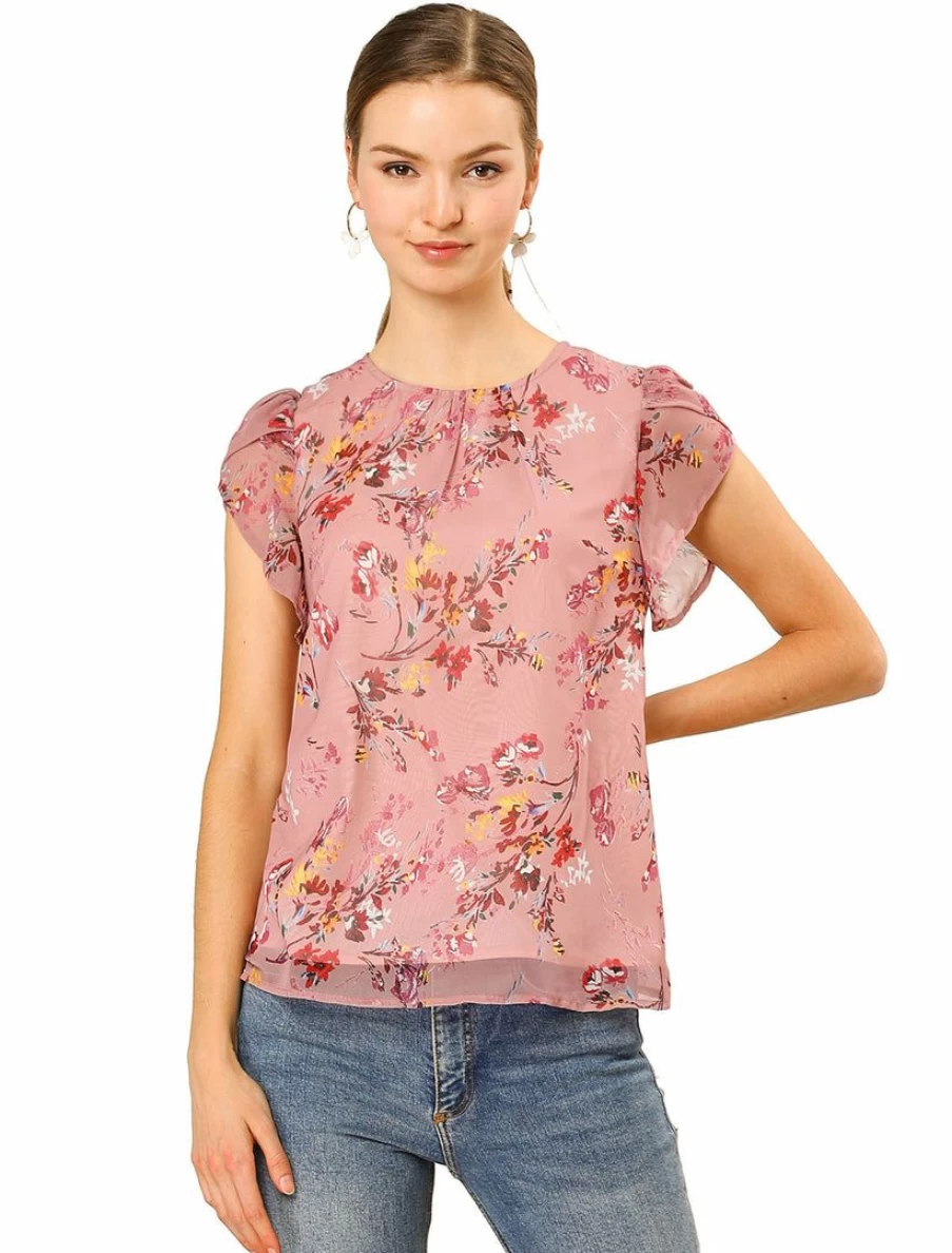 Elegant Pink Chiffon Blouse for Women with Floral Print and Petal Sleeves