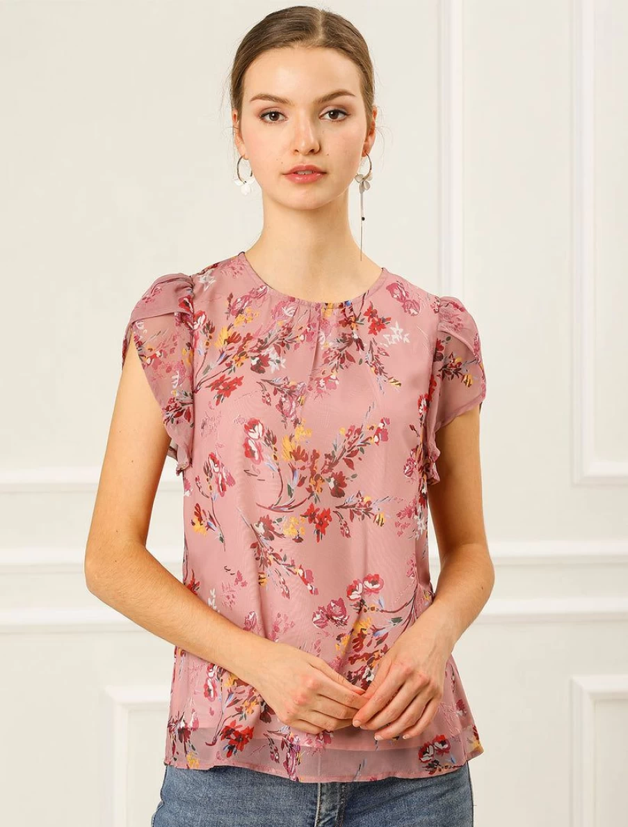 Elegant Pink Chiffon Blouse for Women with Floral Print and Petal Sleeves