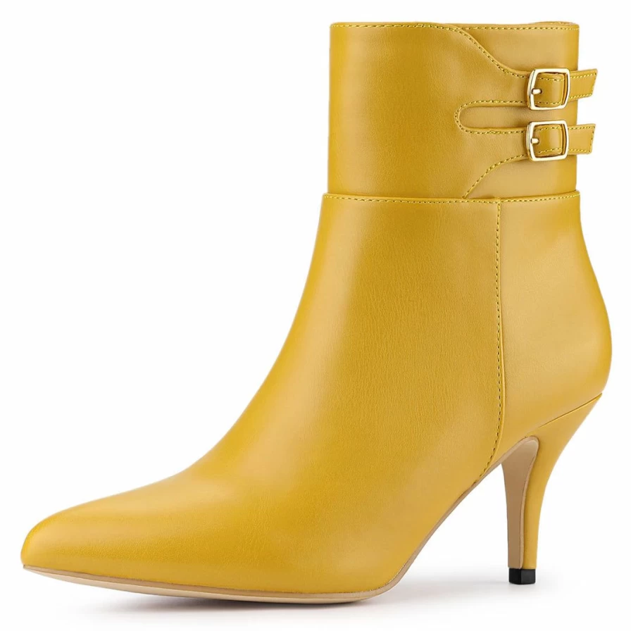 Women's Stylish Pointed Toe Stiletto Heel Ankle Boots with Buckle Detail - Fashionable High Heel Boots for Elegant Outfits