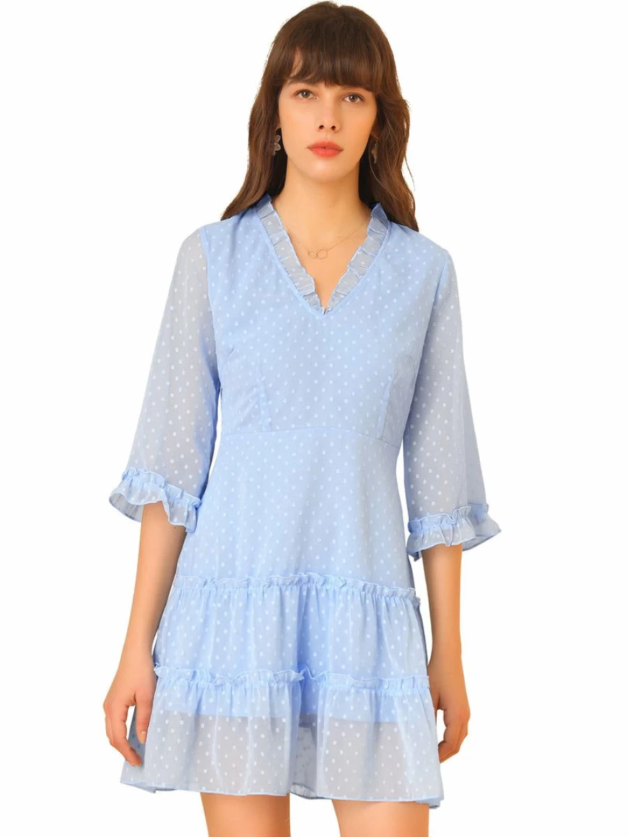 Light Blue Swiss Dots Flowy Chiffon Dress with Ruffle V-Neck and 3/4 Sleeves for Women