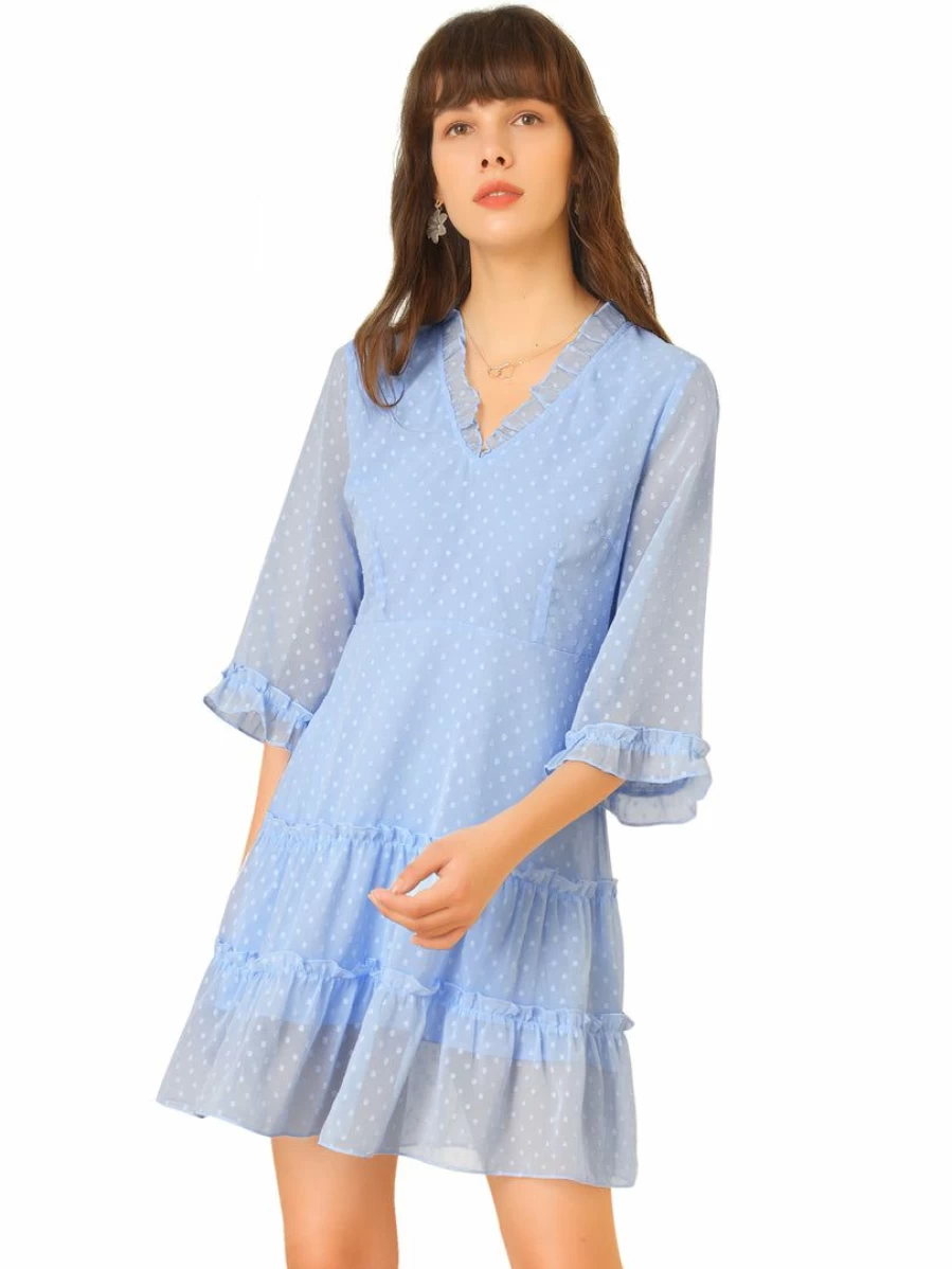 Light Blue Swiss Dots Flowy Chiffon Dress with Ruffle V-Neck and 3/4 Sleeves for Women