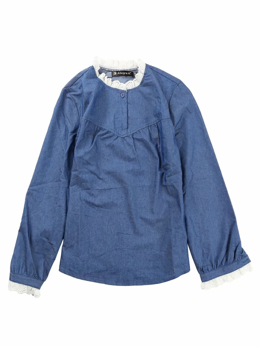 Allegra K Women's Blue Chambray Blouse with Lace Frill Neck and Puff Long Sleeves