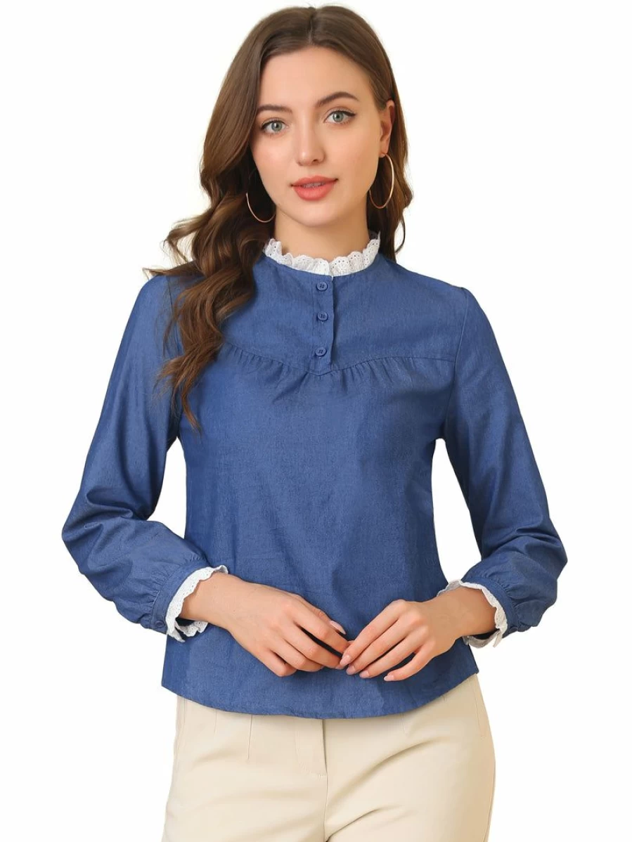 Allegra K Women's Blue Chambray Blouse with Lace Frill Neck and Puff Long Sleeves