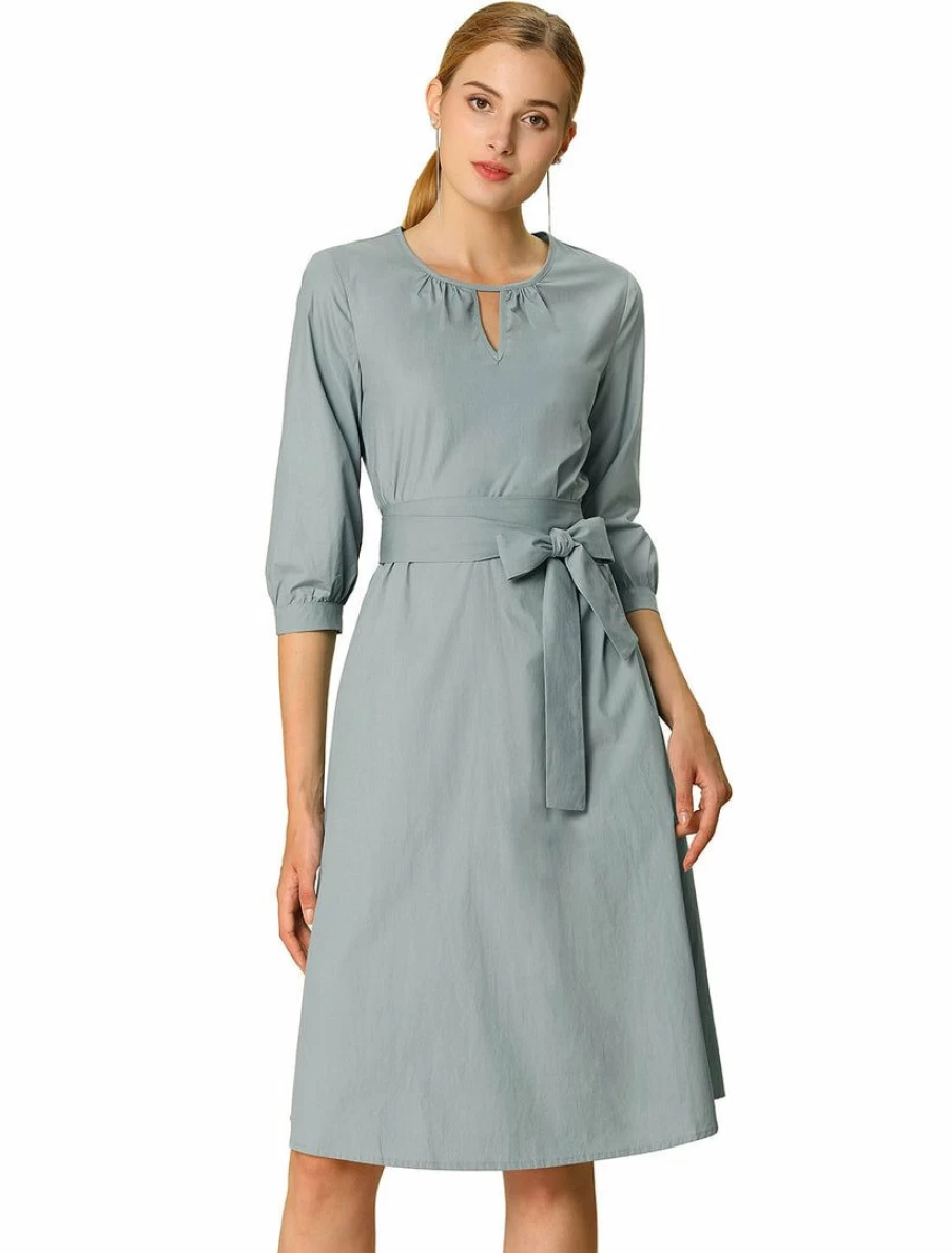 Light Blue Keyhole Neck Elbow Sleeve Dress with Tie Waist for Women