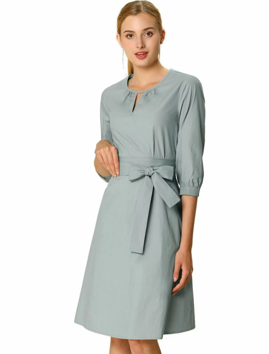 Light Blue Keyhole Neck Elbow Sleeve Dress with Tie Waist for Women