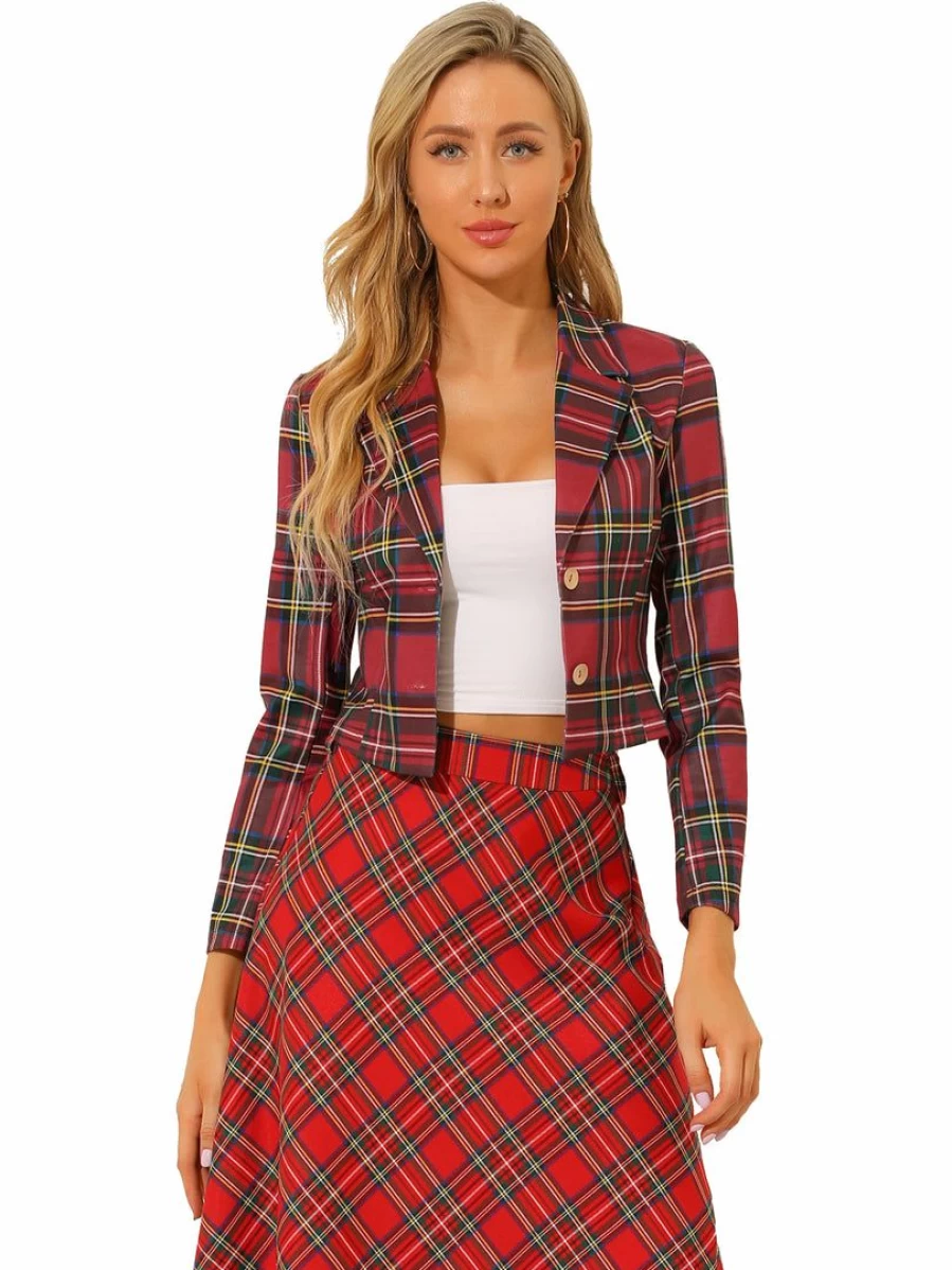 Red Plaid Crop Blazer for Women - Notched Lapel Stretch Tartan Jacket