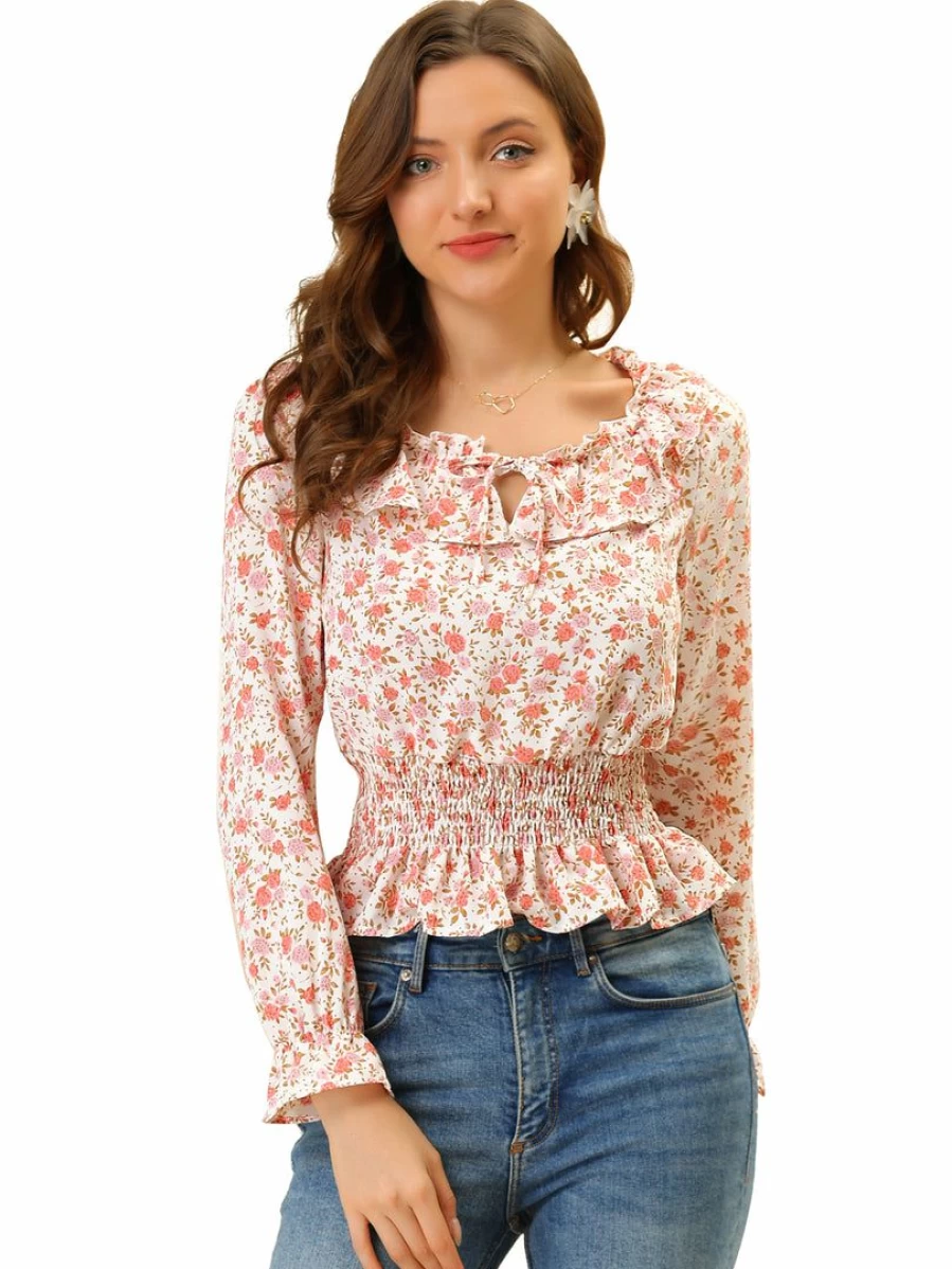 Elegant White Chiffon Blouse for Women with Smocked Detail and Ruffle Tie Neck