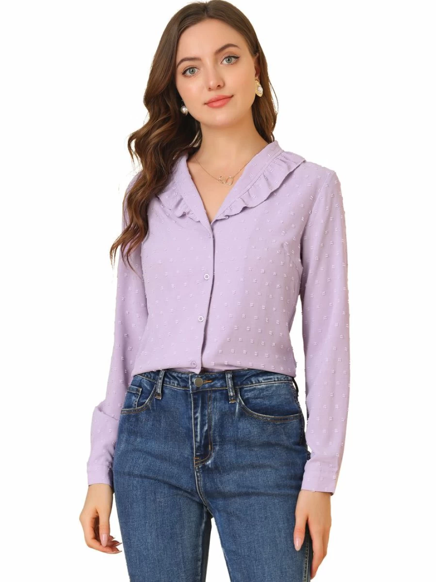 Purple Swiss Dots Women's Shirt with Puff Sleeves, Ruffled Collar, and Button Front
