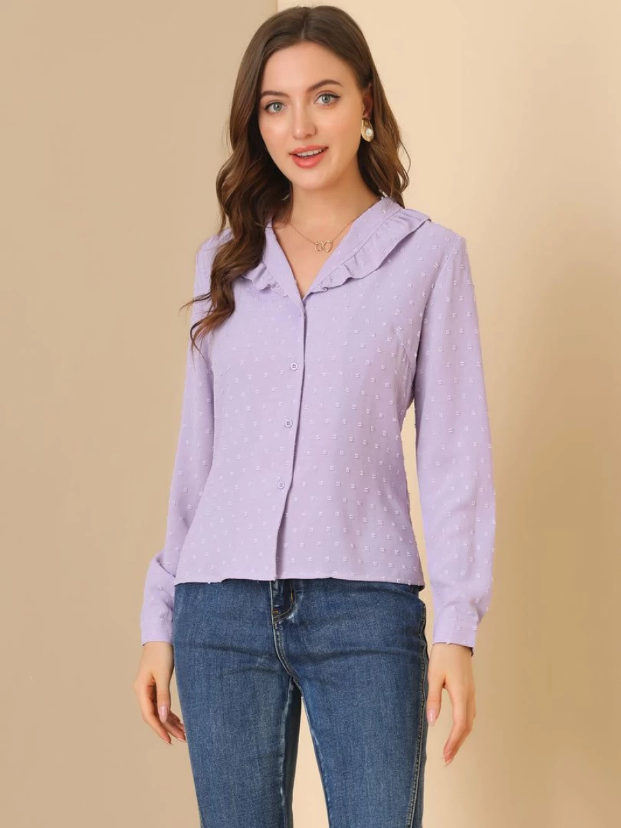 Purple Swiss Dots Women's Shirt with Puff Sleeves, Ruffled Collar, and Button Front