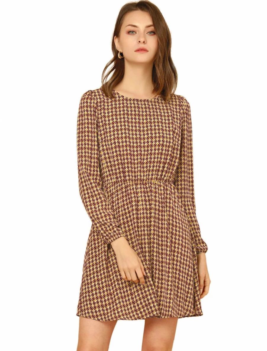 Vintage Brown Plaid Dress for Women with Puff Sleeves and Elastic Waist