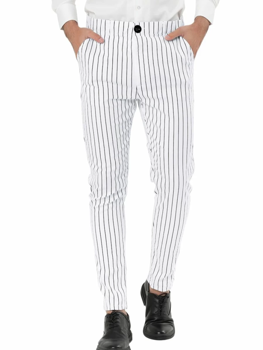 Men's Slim Fit Striped Dress Pants for Business Flat Front Trousers