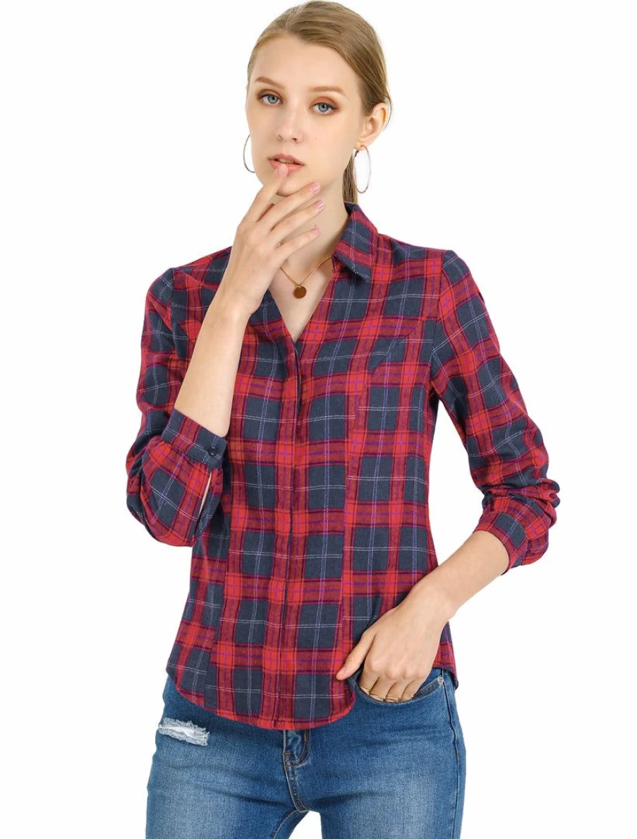 Allegra K Women's Blue Red Tartan Plaid Long Sleeve Button-Up Buffalo Shirt