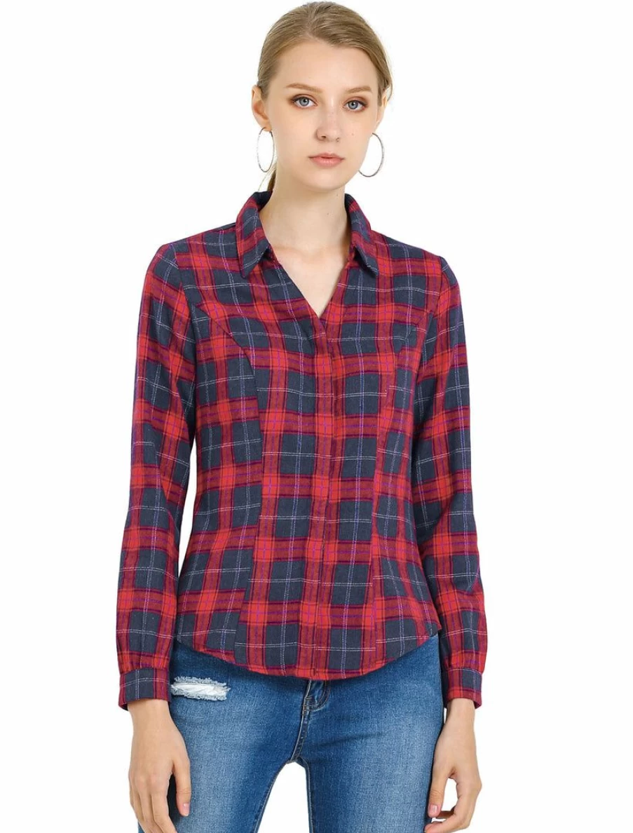 Allegra K Women's Blue Red Tartan Plaid Long Sleeve Button-Up Buffalo Shirt