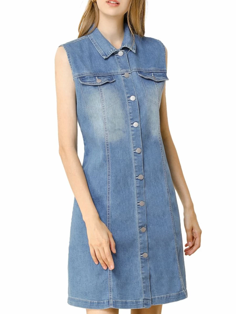 Blue Denim Shirtdress for Women - Sleeveless Classic Button Down Dress