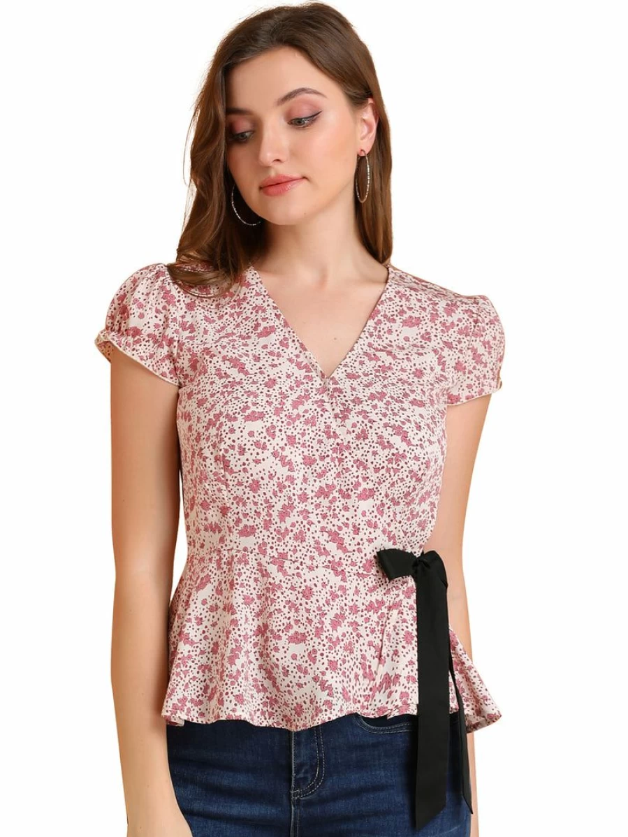 Women's Beige Floral Print V-Neck Wrap Peplum Top with Tie Waist and Cap Sleeves