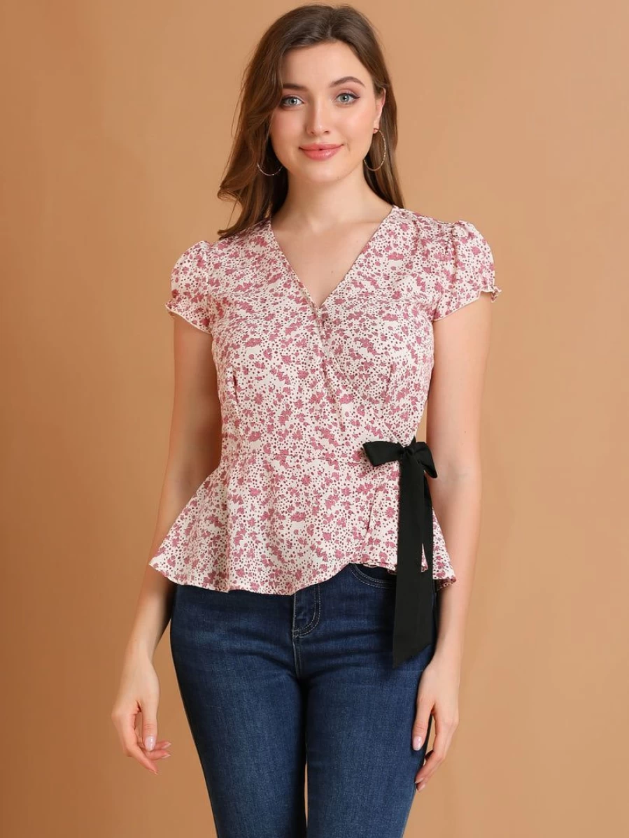 Women's Beige Floral Print V-Neck Wrap Peplum Top with Tie Waist and Cap Sleeves
