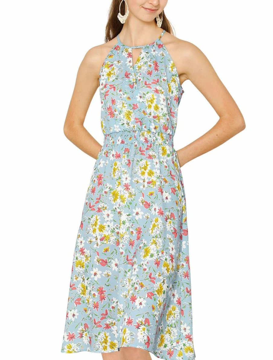 Blue Floral Halter Smocked Waist Sleeveless A-Line Dress for Women
