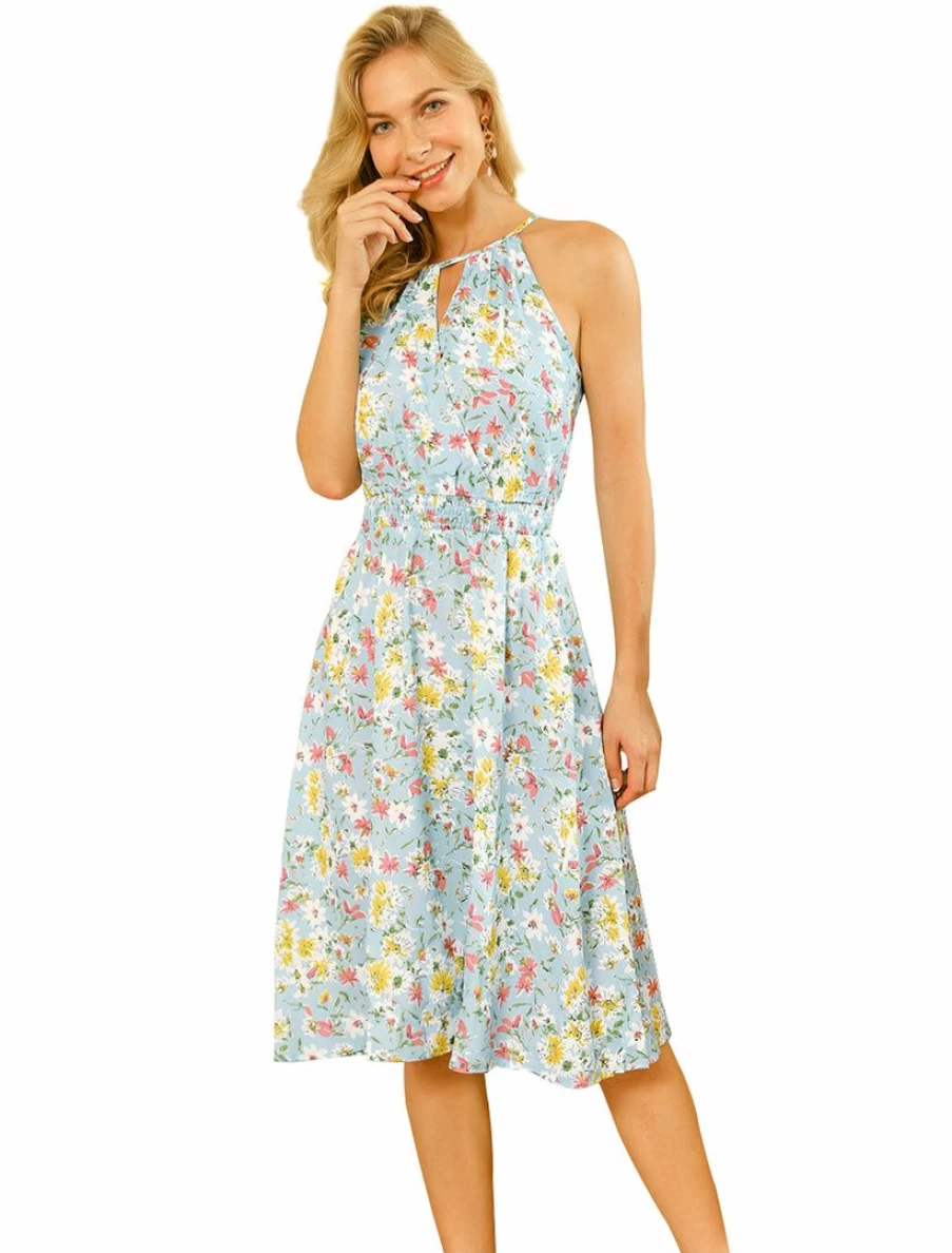 Blue Floral Halter Smocked Waist Sleeveless A-Line Dress for Women