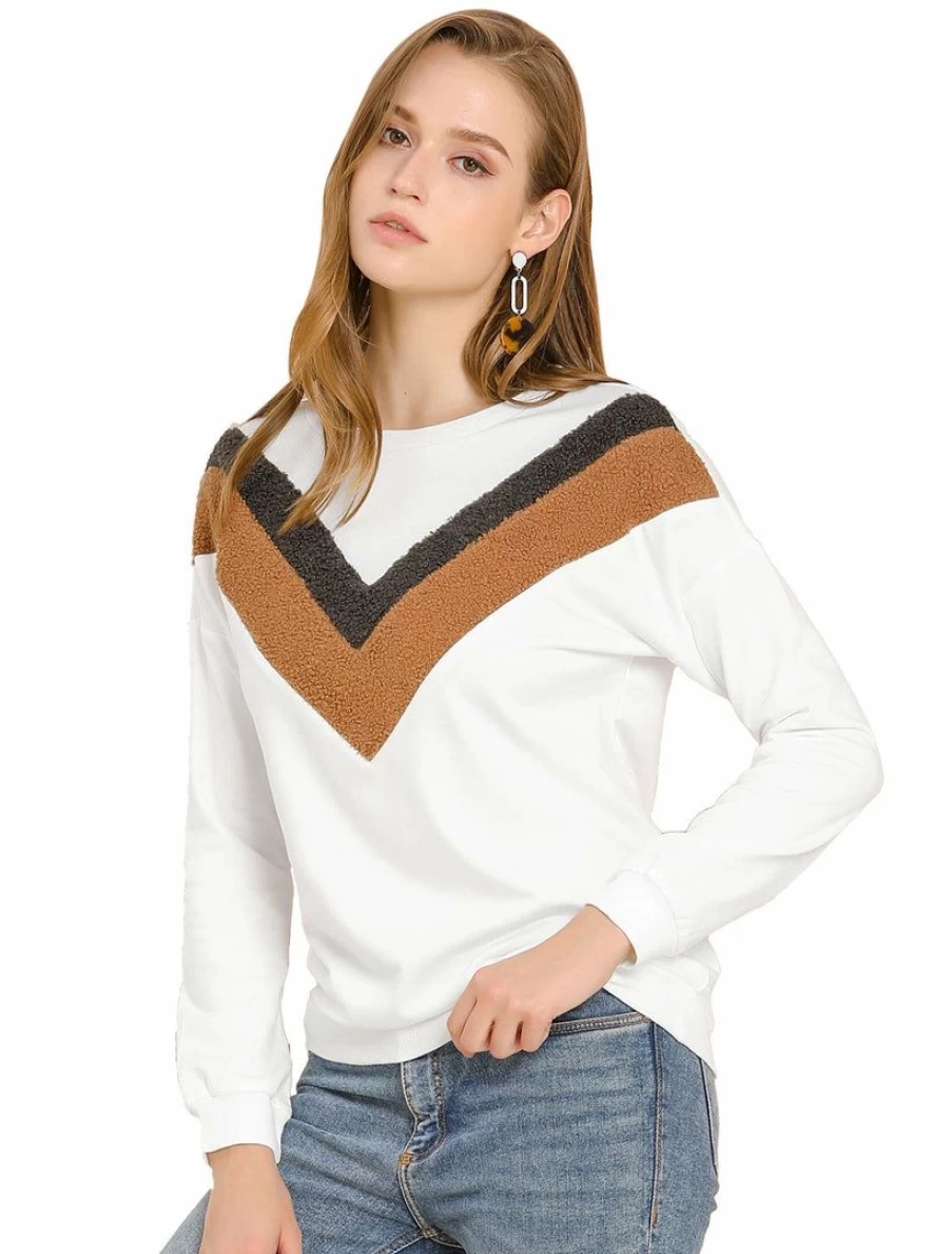 White Chevron Pattern Women's Long Sleeve Crew Neck Pullover Sweatshirt