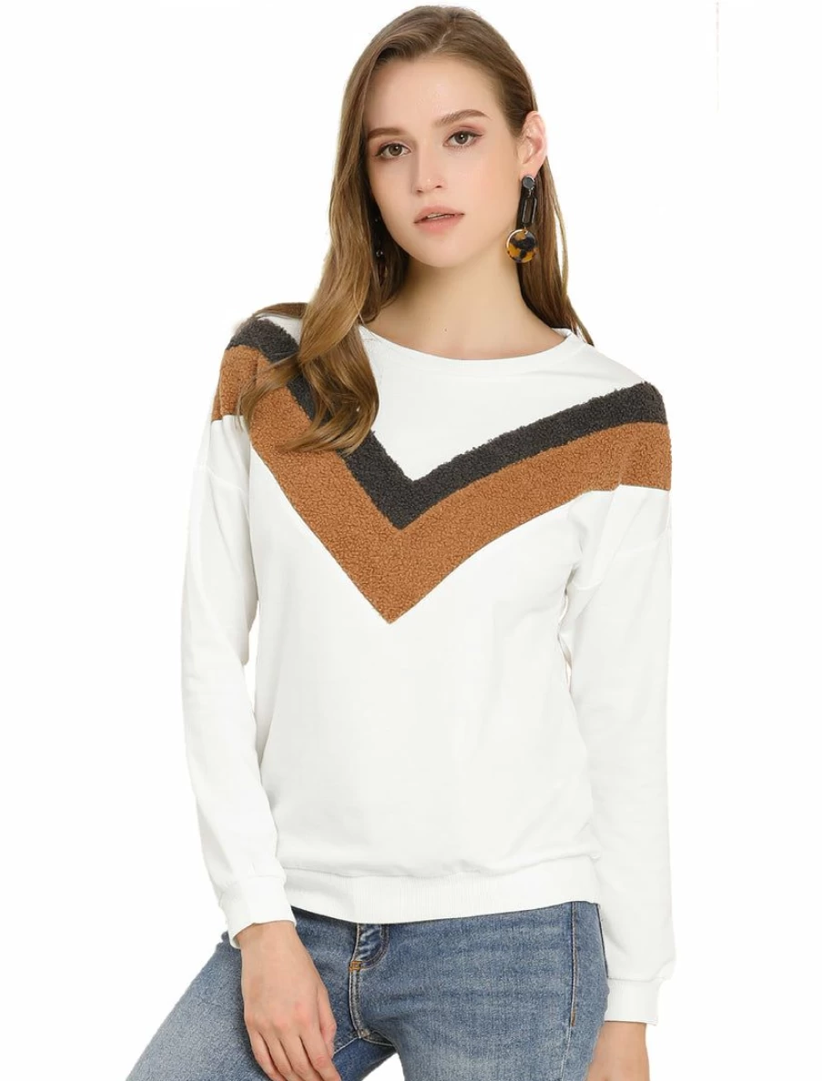 White Chevron Pattern Women's Long Sleeve Crew Neck Pullover Sweatshirt