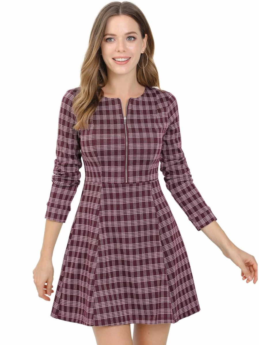 Vintage Plaid Long Sleeve Zip-Up Fit and Flare Mini Dress for Women